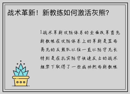 战术革新！新教练如何激活灰熊？