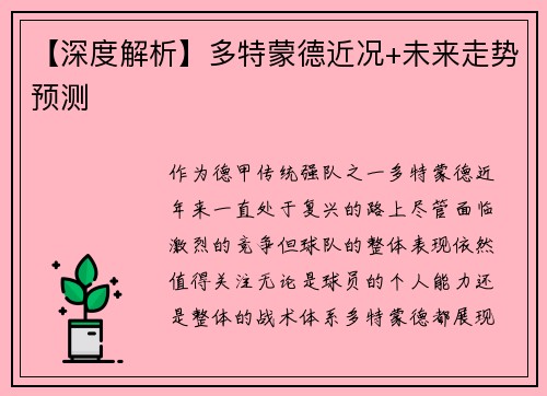 【深度解析】多特蒙德近况+未来走势预测